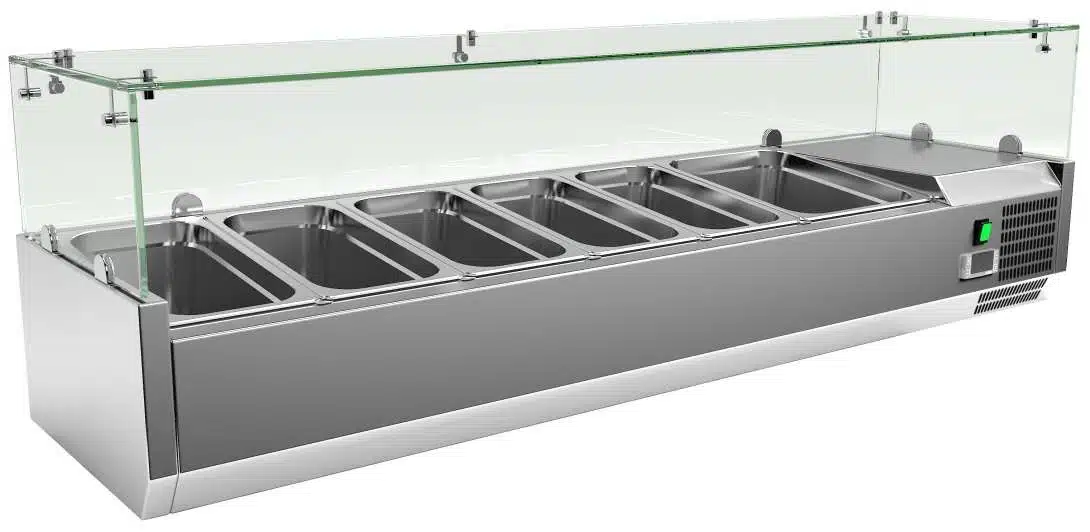 Vitrina 5 cubetas GN1/3 + 1 cubeta GN1/2 con Cúpula de Vídrio de 1500 x395 x440h mm PEKIN VRX1500380FG