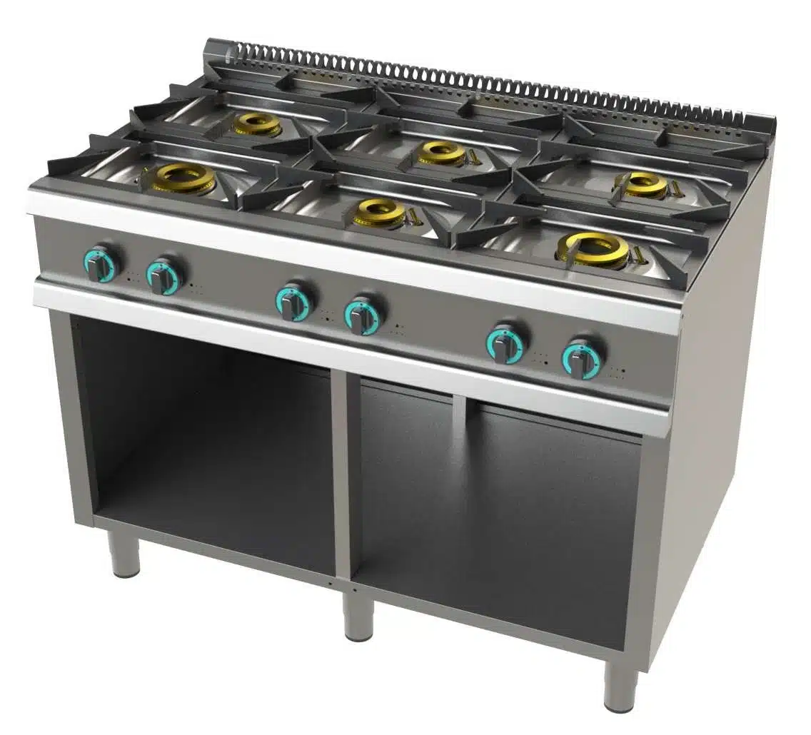 Cocina a gas con mueble de 6 fuegos 2x8+4