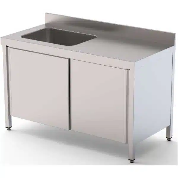 Mesa de Trabajo Acero Inoxidable Mural Con Puertas y Con Cubeta a la Izquierda 2000x600x850h mm WTW16020LBSD