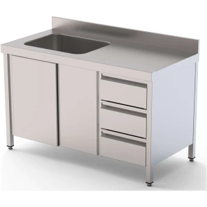 Mesa de Trabajo Acero Inoxidable Mural Con Puertas y Con Cubeta a la Derecha y Cajones 1600x600x850h mm WTW16016RBSDDL