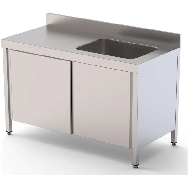 Mesa de Trabajo Acero Inoxidable Mural Con Puertas y Con Cubeta a la Derecha 1400x700x850h mm WTW17014RBSD