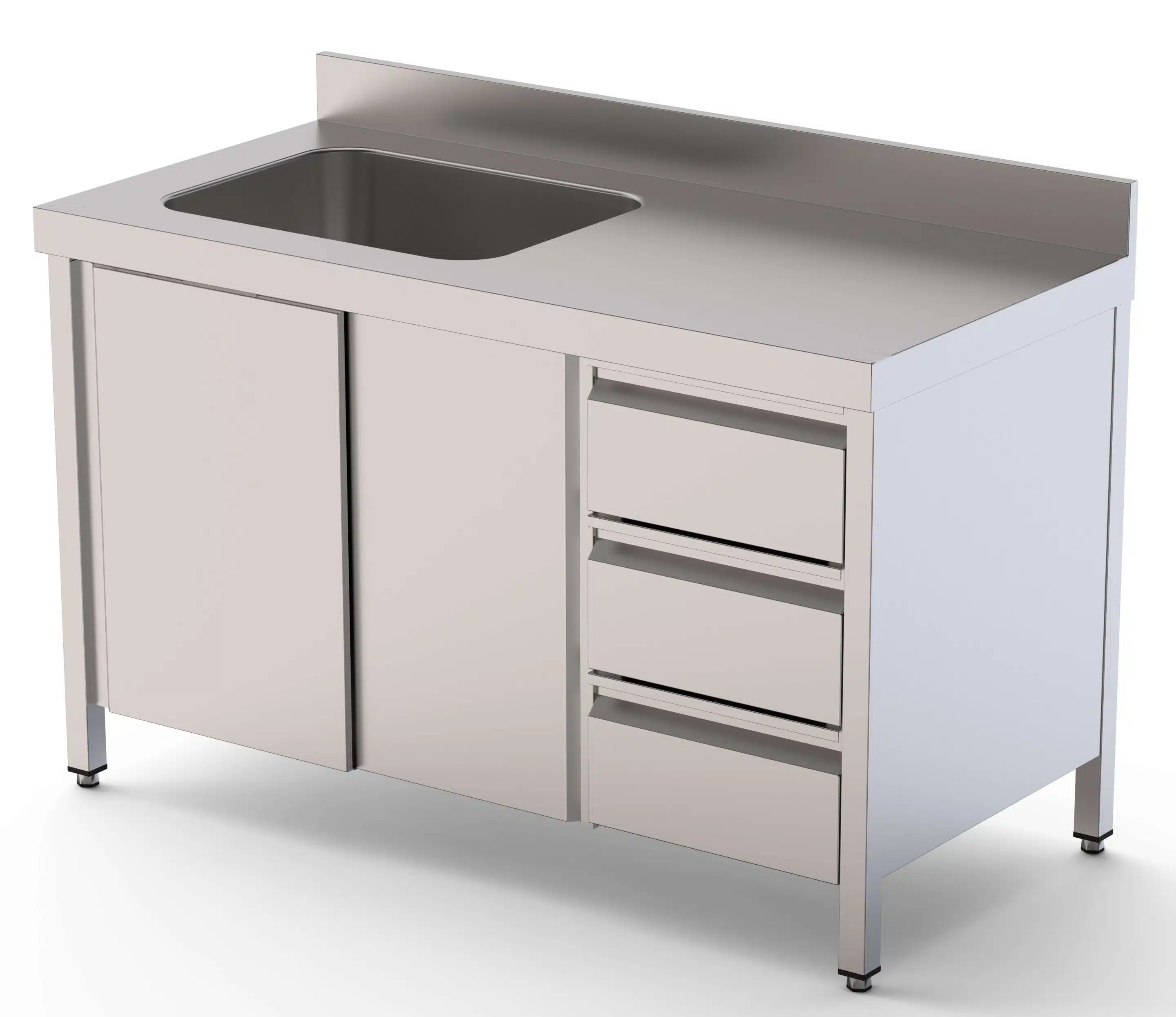 Mesa de Trabajo Acero Inoxidable Mural Con Puertas y Con Cubeta a la Derecha y Cajones 1800x700x850h mm WTW17018RBSDDL