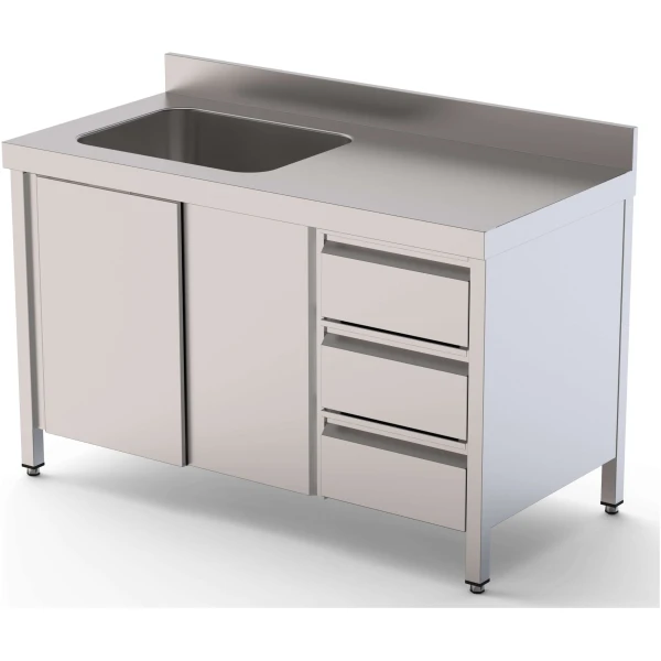 Mesa de Trabajo Acero Inoxidable Mural Con Puertas y Con Cubeta a la Izquierda y Cajones 1600x700x850h mm WTW17016LBSDDR