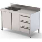 Mesa de Trabajo Acero Inoxidable Mural Con Puertas y Con Cubeta a la Izquierda y Cajones 2200x700x850h mm WTW17022LBSDDR