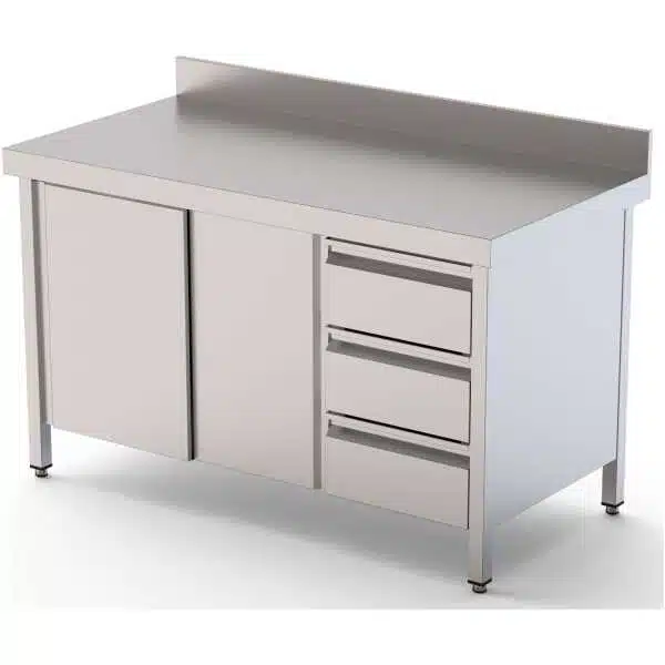 Mesa de Trabajo Acero Inoxidable Mural Con Cajones a la Derecha 2200x600x850h mm WTW16022DDR