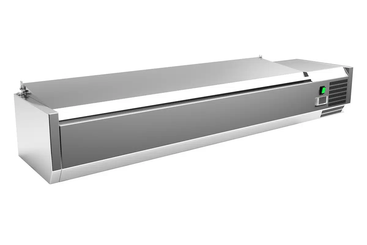 Vitrina 7 cubetas GN1/4 con TAPA de 1500 x335 x270h mm PEKIN VRX1500330SL