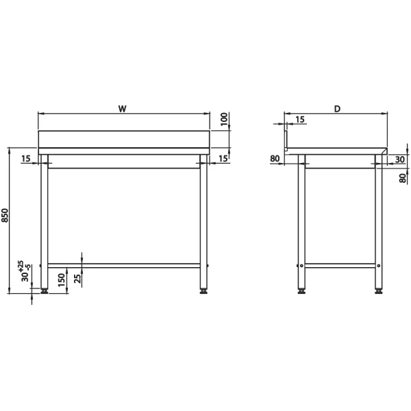 Mesa Mural acero inoxidable AISI 201 sin estante 1000x600x850 mm MM106S Línea Varsovia-24 Kg (950026100)